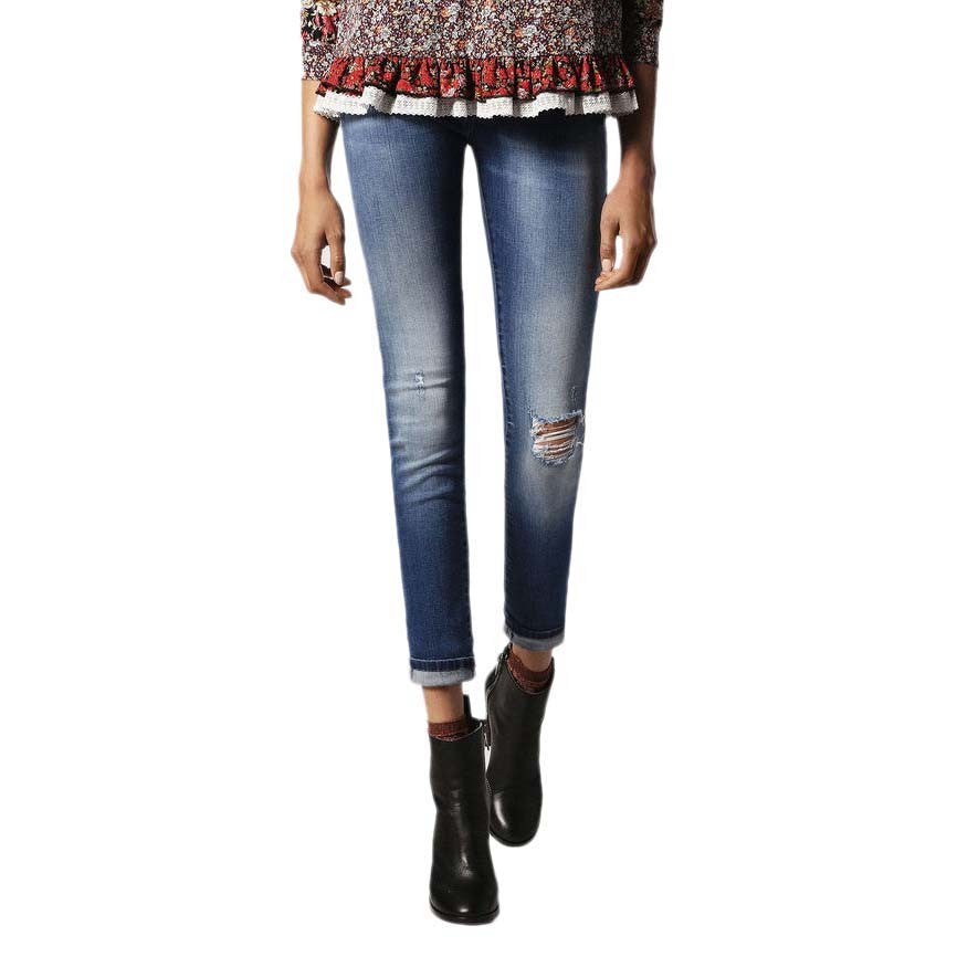 DIESEL Livier 084GJ moteriški džinsai W24 Super Slim mergaitėms, plėšytos medvilnės tamprės, mėlyni 