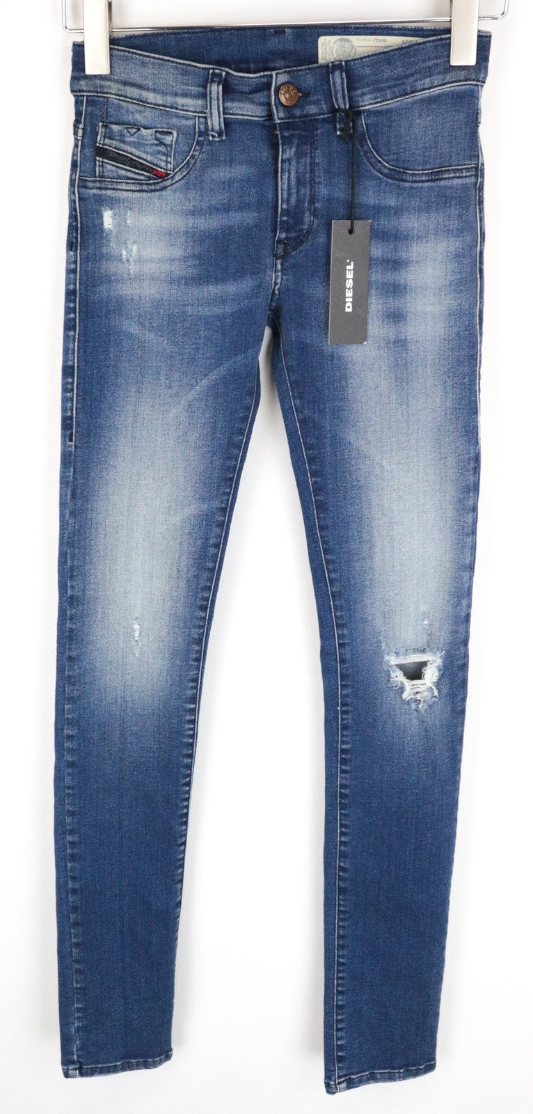 DIESEL Livier 084GJ moteriški džinsai W24 Super Slim mergaitėms, plėšytos medvilnės tamprės, mėlyni 