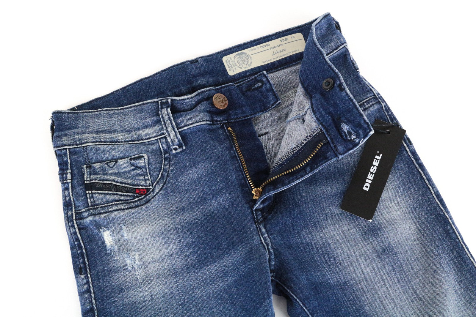 DIESEL Livier 084GJ moteriški džinsai W24 Super Slim mergaitėms, plėšytos medvilnės tamprės, mėlyni 