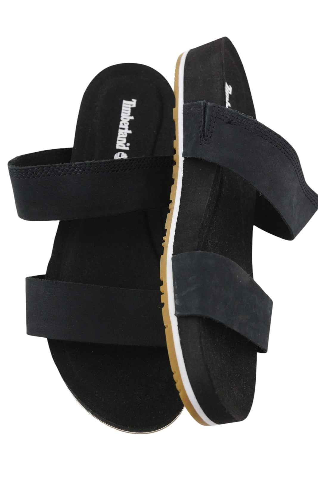 TIMBERLAND A2AT9 moteriškos basutės EU39 EU39.5 juodos odinės dirželiai plokščiu padu logotipas 