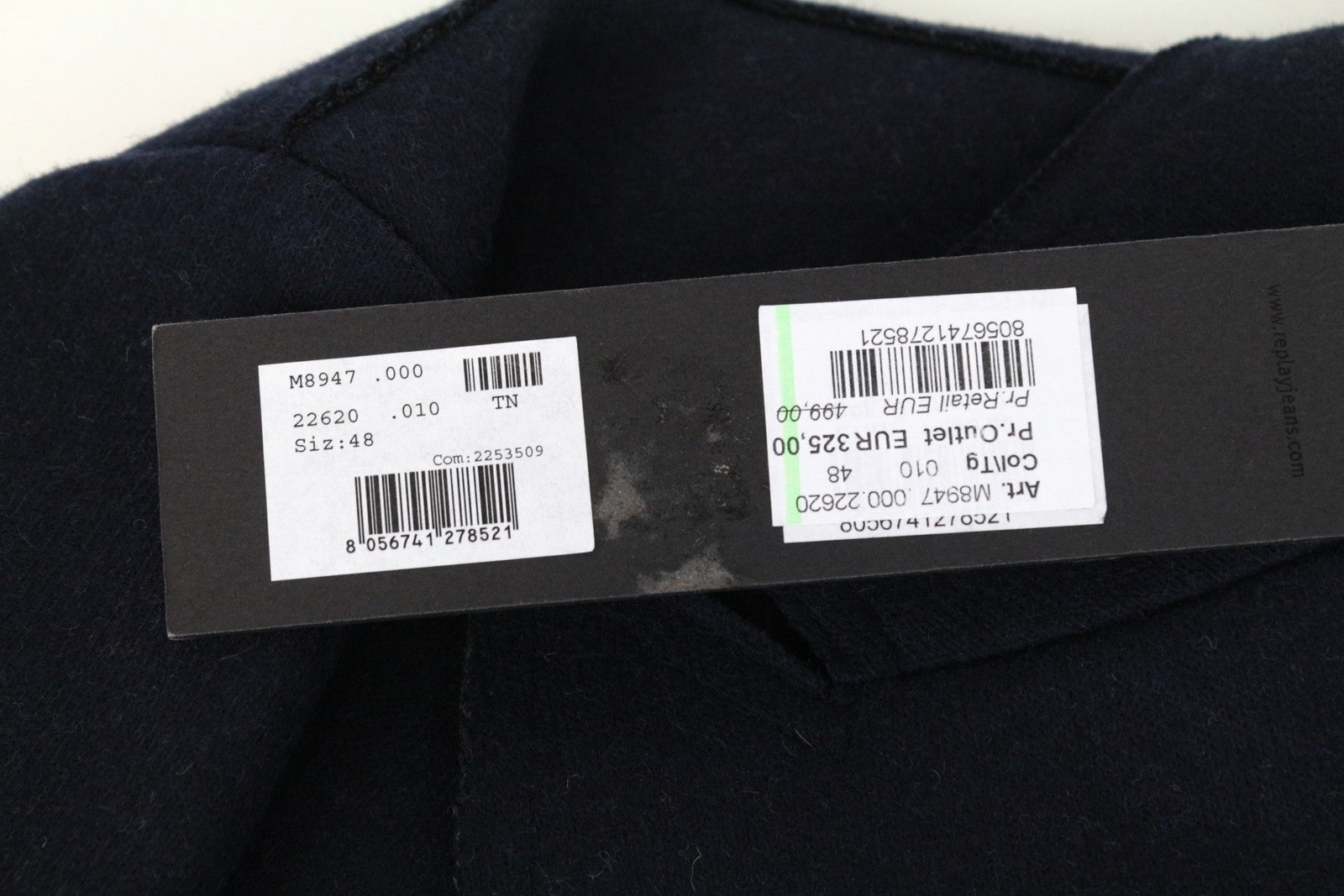 REPLAY vyriškas paltas 48 mėlynas vilnos mišinio dvieilis su smailia apykakle, rekomenduojama mažmeninė kaina – 499 € 