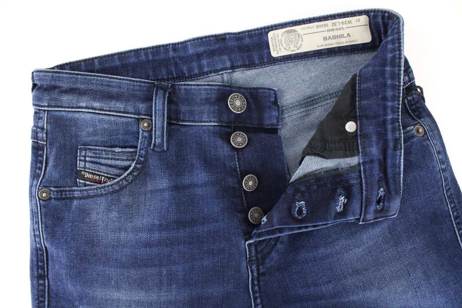 DIESEL Babhila 083AE moteriški džinsai W24/L32 mėlyni, tamprūs, ploni, aptempti, klasikinio kirpimo džinsai 