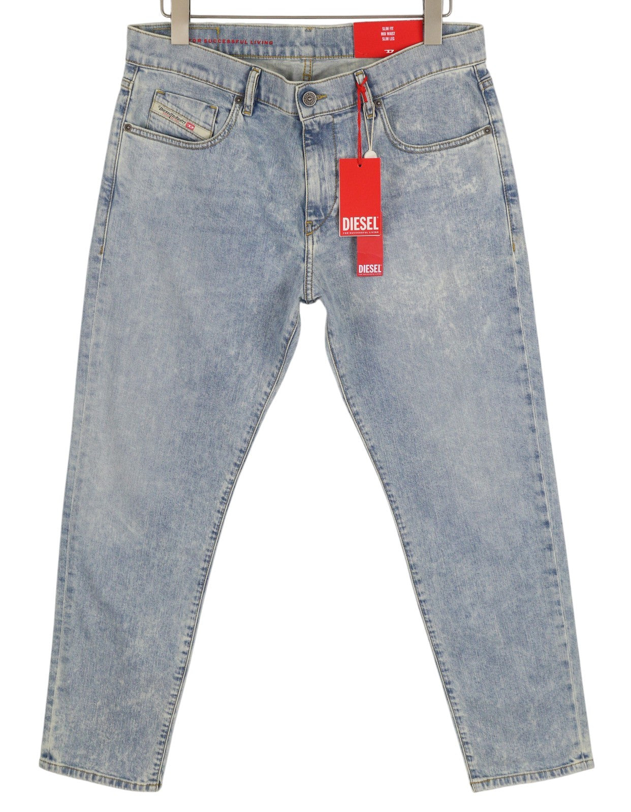 DIESEL 2019 D-Strukt 0GDAM vyriški džinsai W34/L30 plonos kojos, vidutinio juosmens, skalbtos mėlynos spalvos 