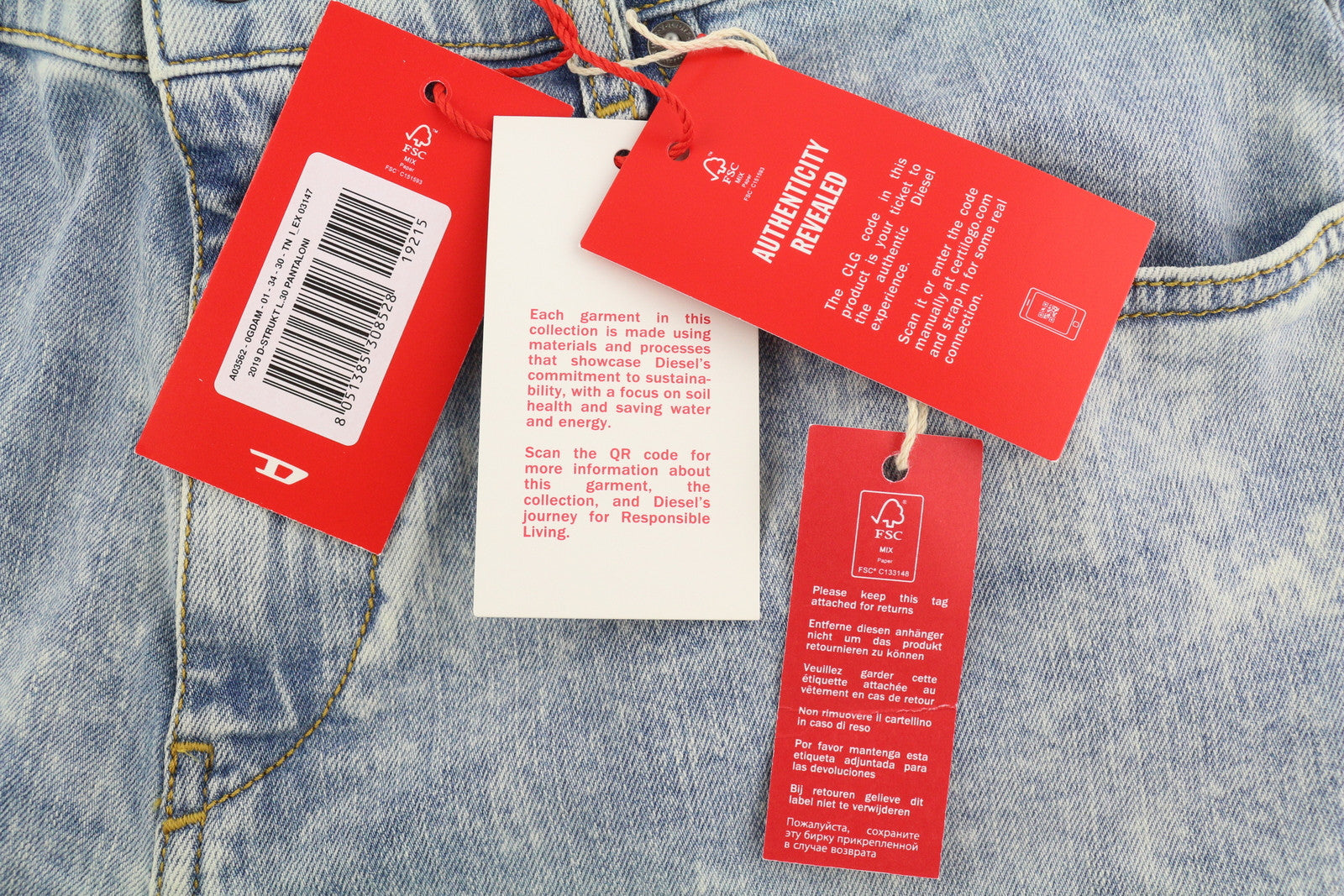 DIESEL 2019 D-Strukt 0GDAM vyriški džinsai W34/L30 plonos kojos, vidutinio juosmens, skalbtos mėlynos spalvos 