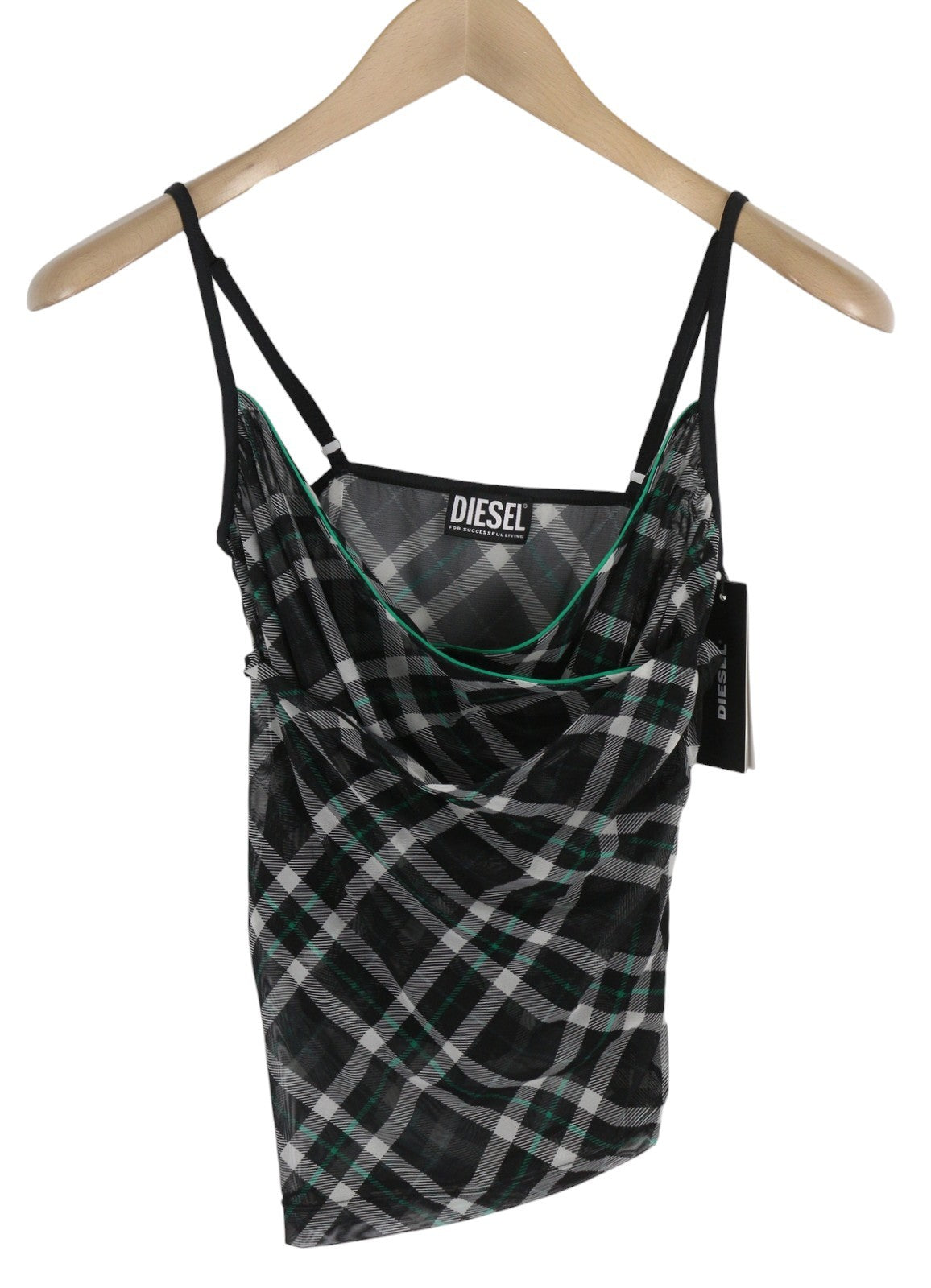 DIESEL T-Solas-Drap moteriški marškinėliai S dydžio, juodi, languoti, be rankovių, su raukiniais. Rekomenduojama mažmeninė kaina – 150 €. 