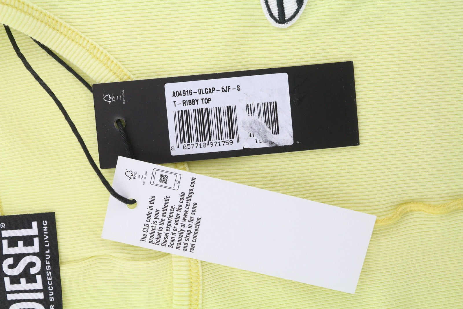 DIESEL T-Ribby moteriški marškinėliai S dydžio, geltoni, trumpomis rankovėmis, apvaliu kaklu, tamprūs, trumpi 