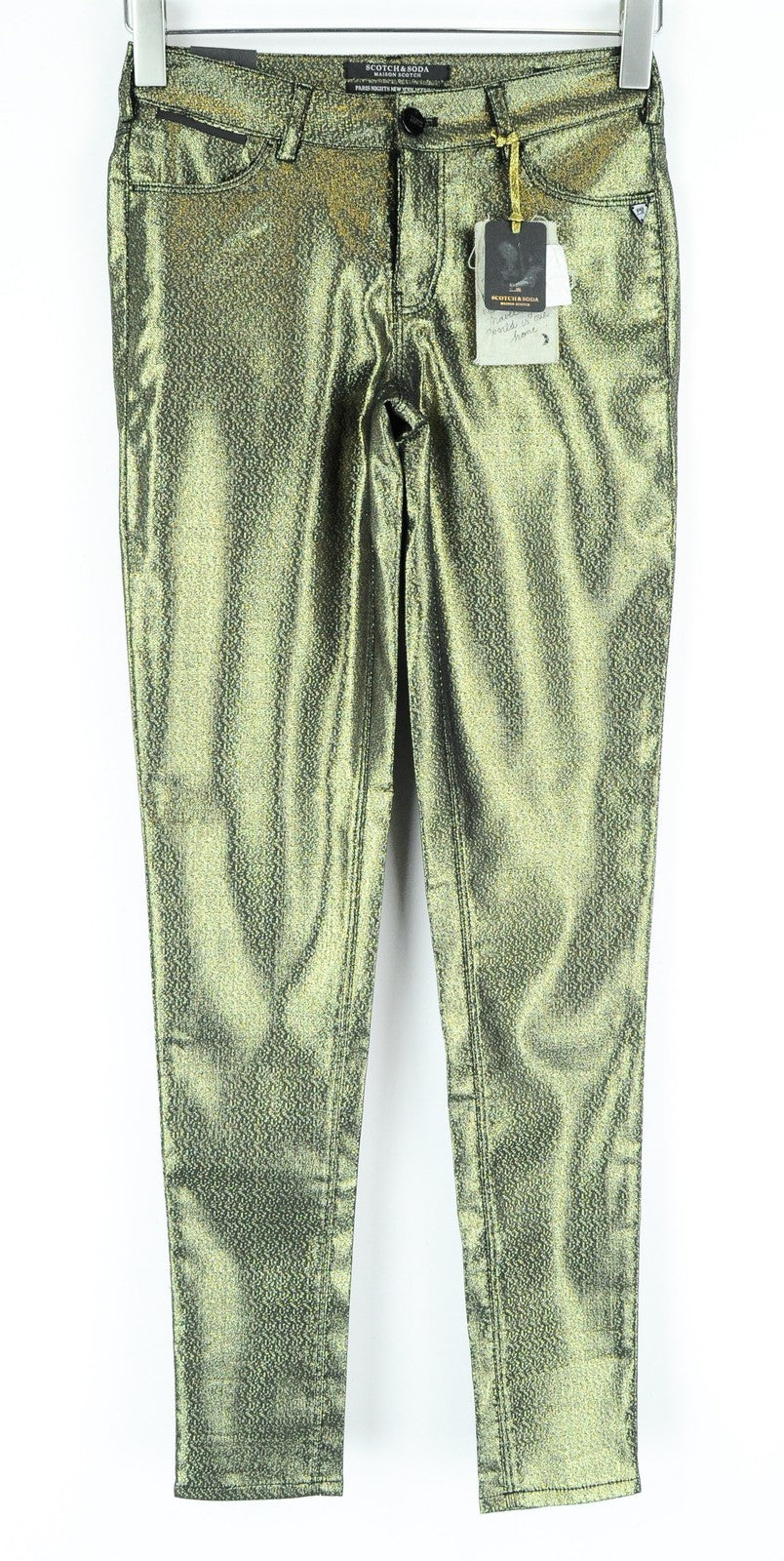 MAISON SCOTCH moteriški W25 L32 aptempti džinsai su užtrauktuku ir blizgučiais, vidutinio liemens juosmens raštu 