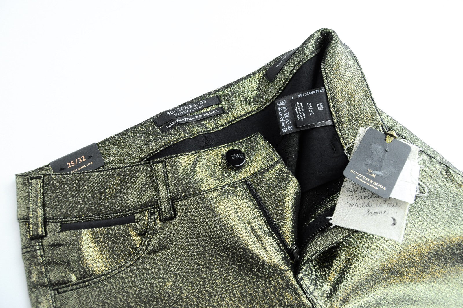 MAISON SCOTCH moteriški W25 L32 aptempti džinsai su užtrauktuku ir blizgučiais, vidutinio liemens juosmens raštu 