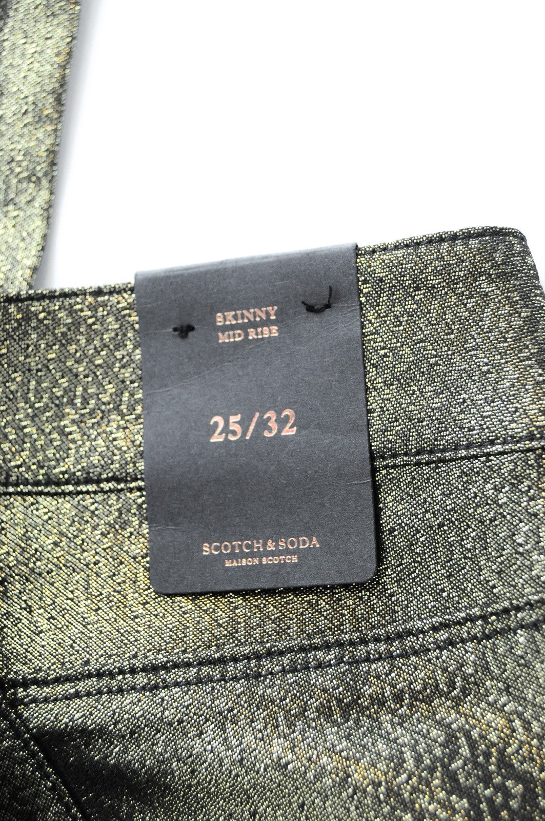 MAISON SCOTCH moteriški W25 L32 aptempti džinsai su užtrauktuku ir blizgučiais, vidutinio liemens juosmens raštu 