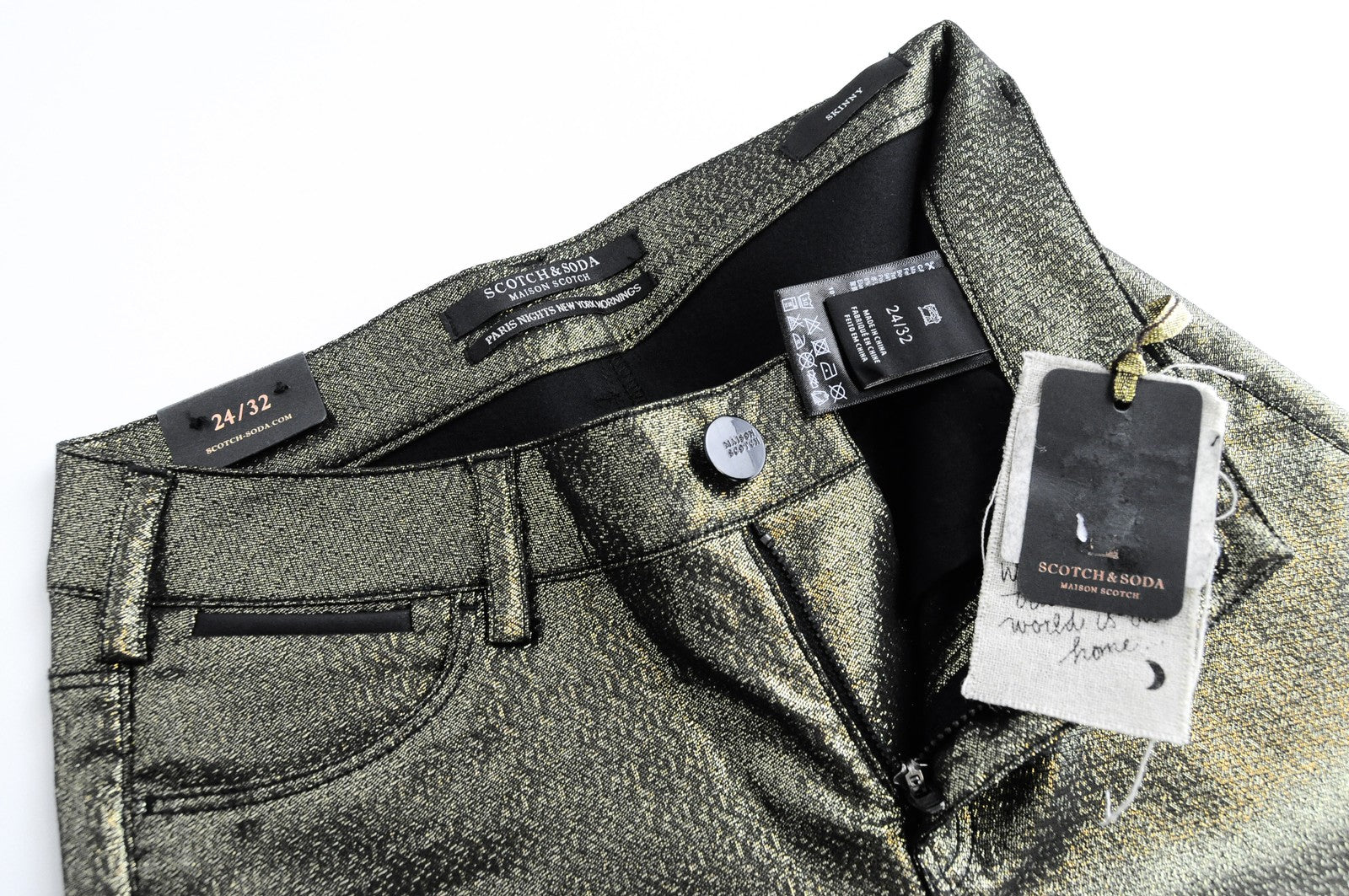 MAISON SCOTCH W24 L32 moteriški blizgučiais ir užtrauktuku aptempti džinsai su vidutinio liemens raštu 