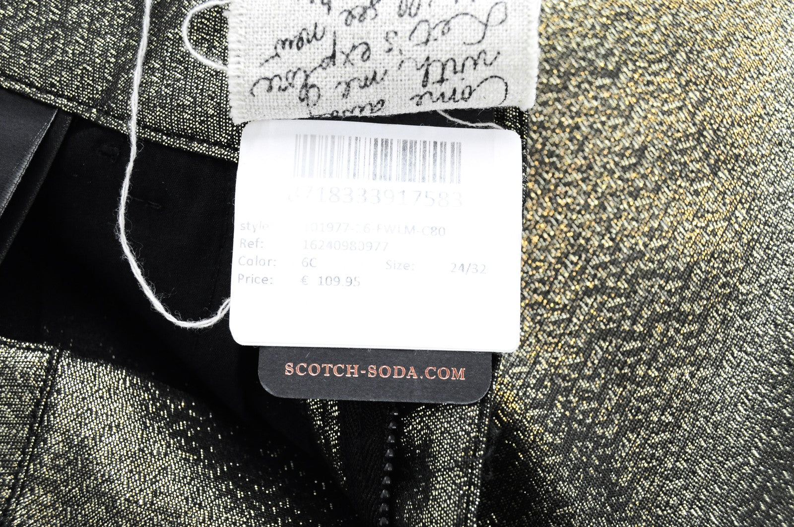 MAISON SCOTCH W24 L32 moteriški blizgučiais ir užtrauktuku aptempti džinsai su vidutinio liemens raštu 