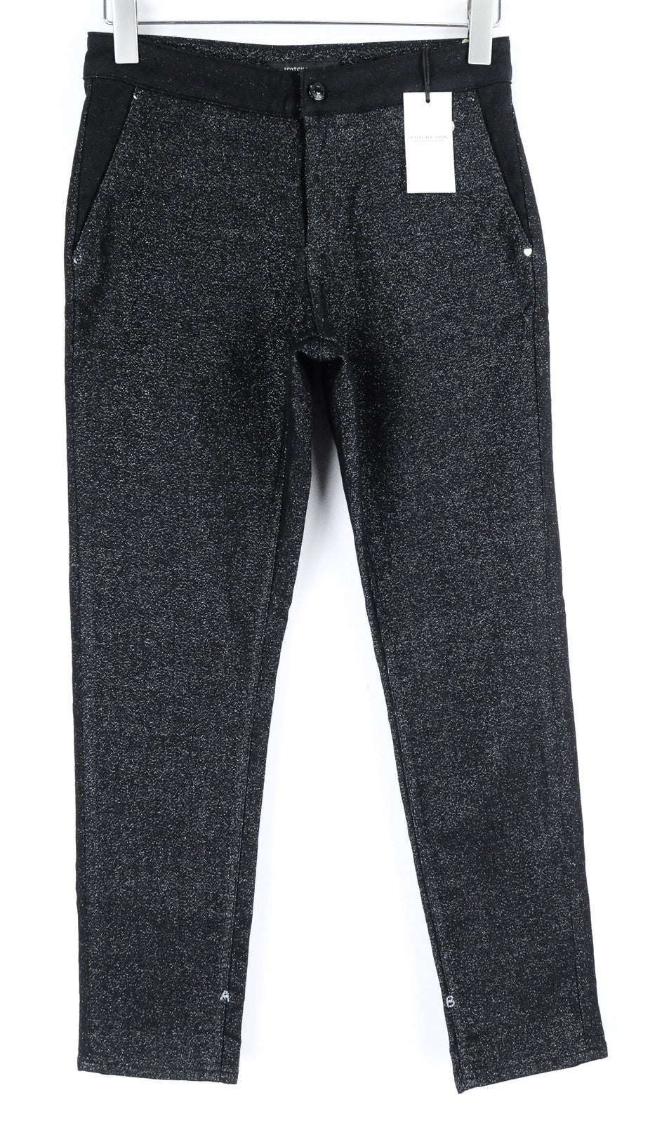 MAISON SCOTCH W26 L32 juodi, blizgučiais ir aptempti moteriški džinsai su vidutinio liemens juosta. 