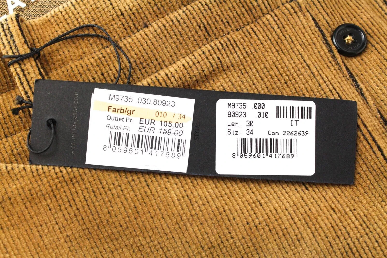 REPLAY Men's Chino Trousers W34 L30 Brown Corduroy Patched Pocket Button-Fly