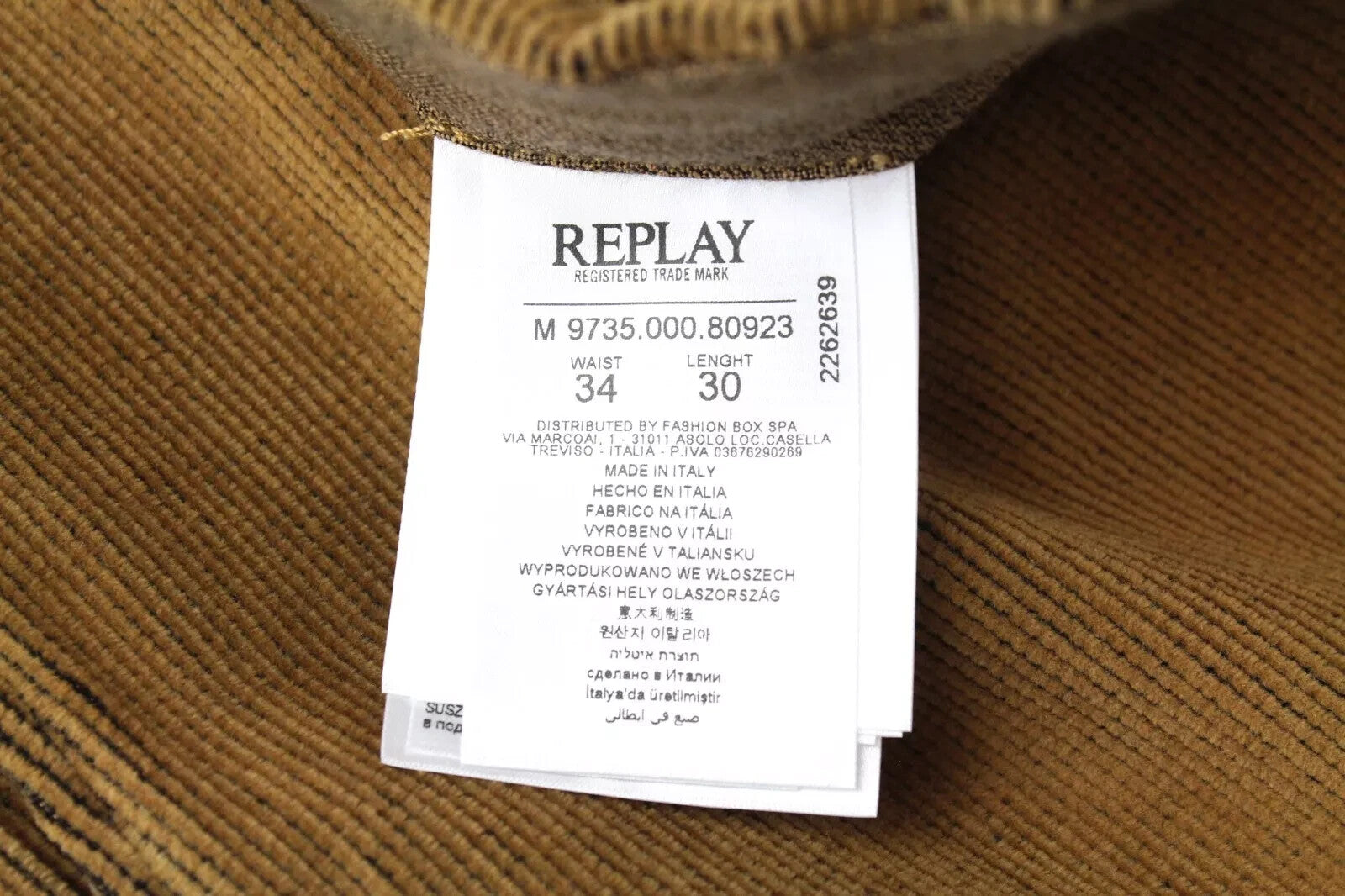 REPLAY Men's Chino Trousers W34 L30 Brown Corduroy Patched Pocket Button-Fly