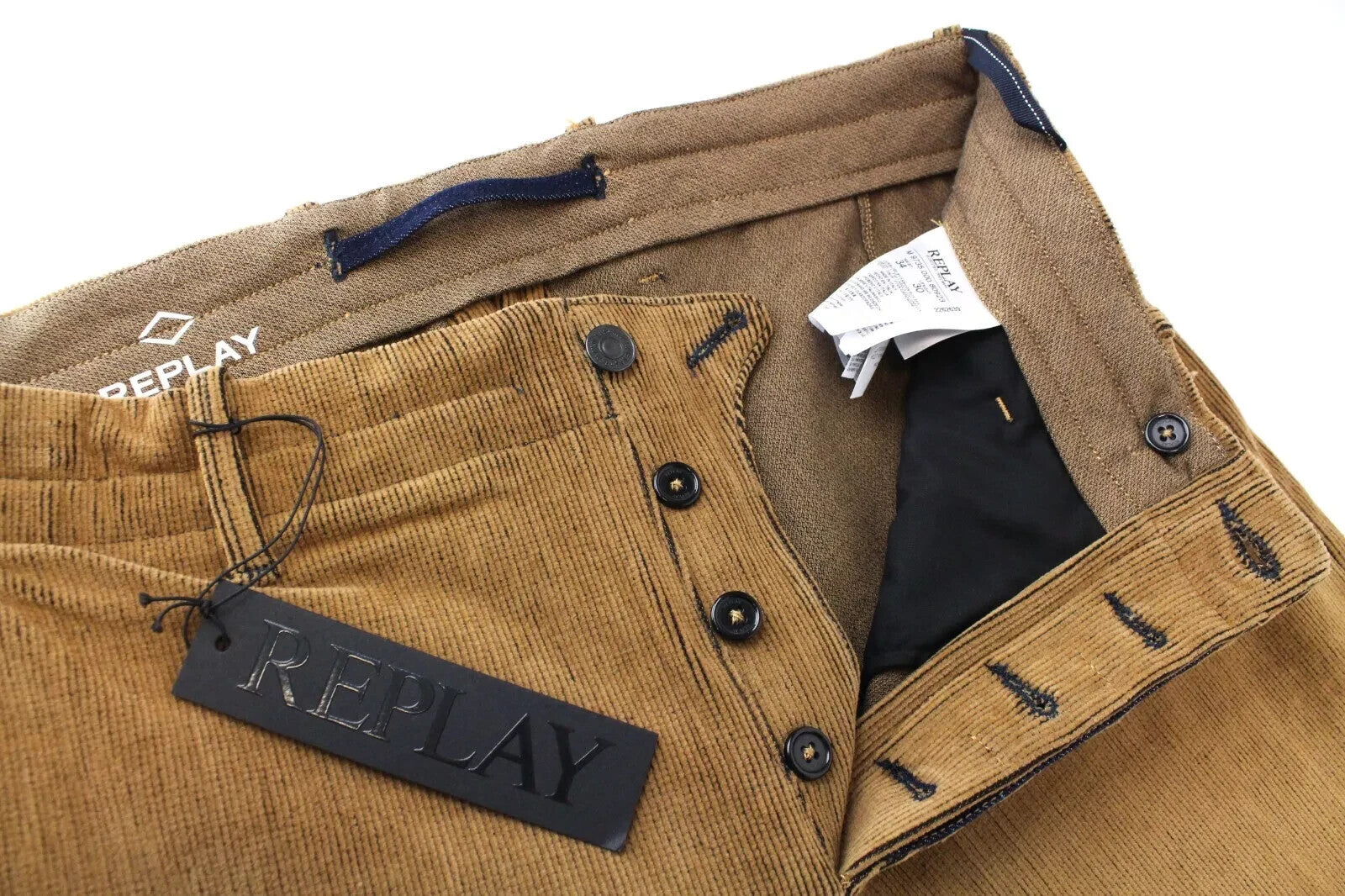 REPLAY Chino Pants W34 L30 Brown Corduroy Patched Pocket Button-Fly Men