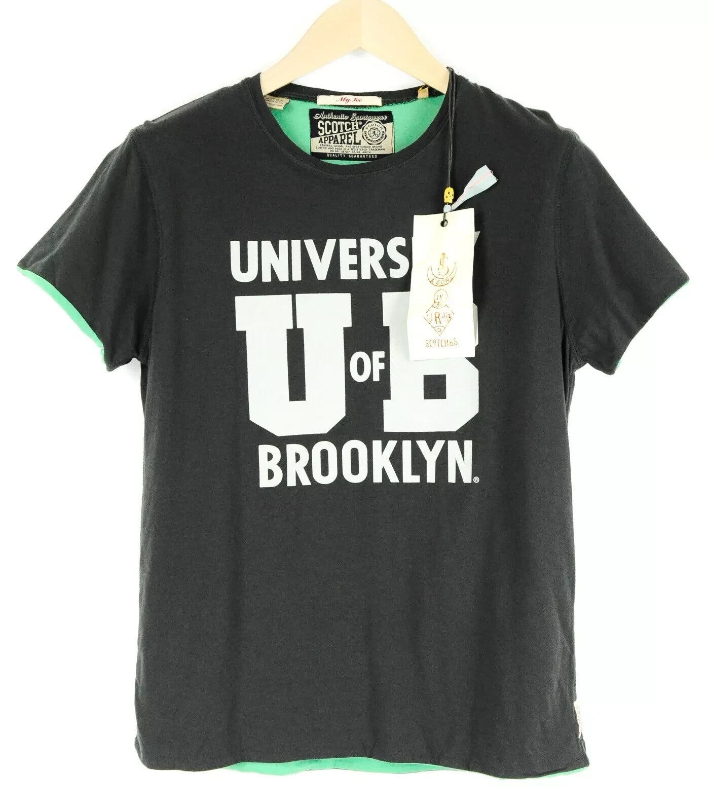 SCOTCH &amp; SODA Couture vyriški marškinėliai su rudais, žaliais medvilniniais marškinėliais trumpomis rankovėmis S dydžio 