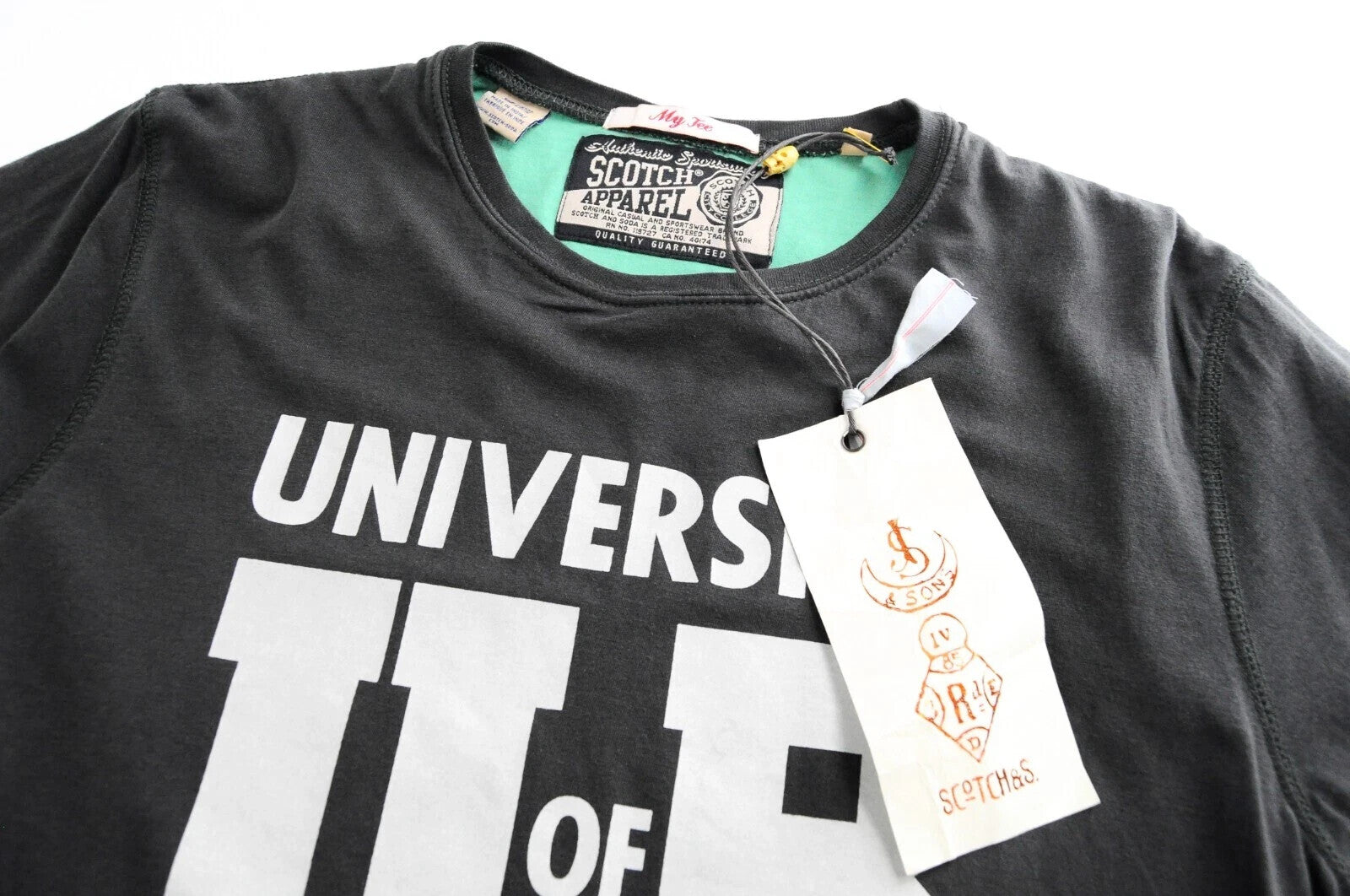 SCOTCH &amp; SODA Couture vyriški marškinėliai su rudais, žaliais medvilniniais marškinėliais trumpomis rankovėmis S dydžio 