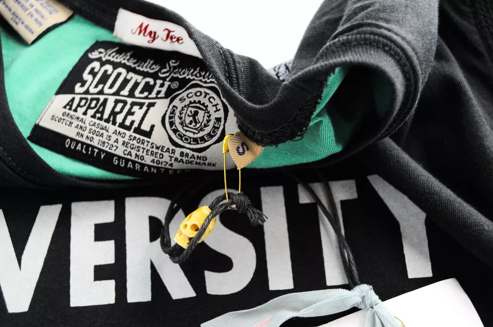 SCOTCH &amp; SODA Couture vyriški marškinėliai su rudais, žaliais medvilniniais marškinėliais trumpomis rankovėmis S dydžio 