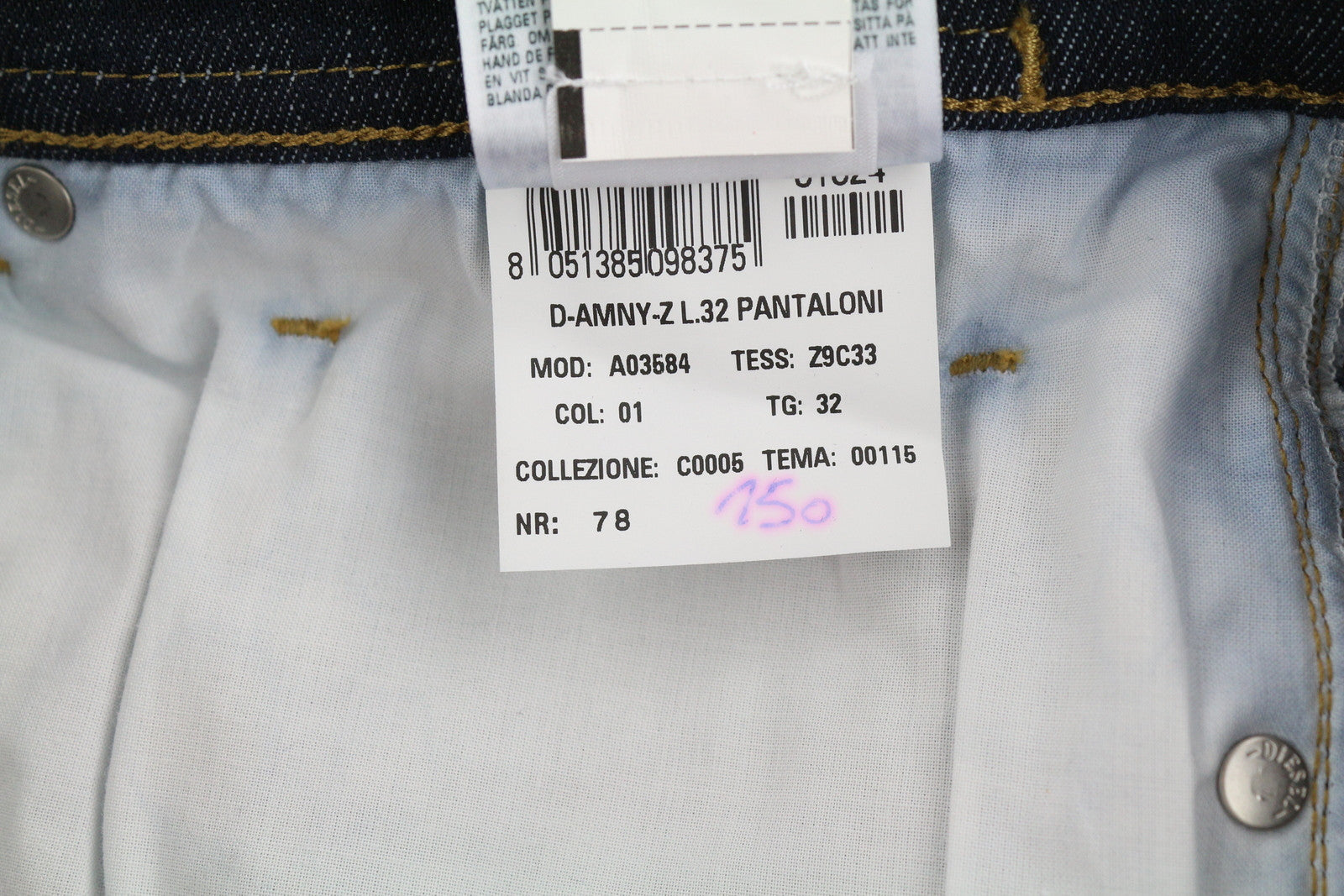 DIESEL 1983 D-Amny-Z Z9C33 vyriški džinsai W32/L32 aptempti aukštu juosmeniu, užtrauktuku 