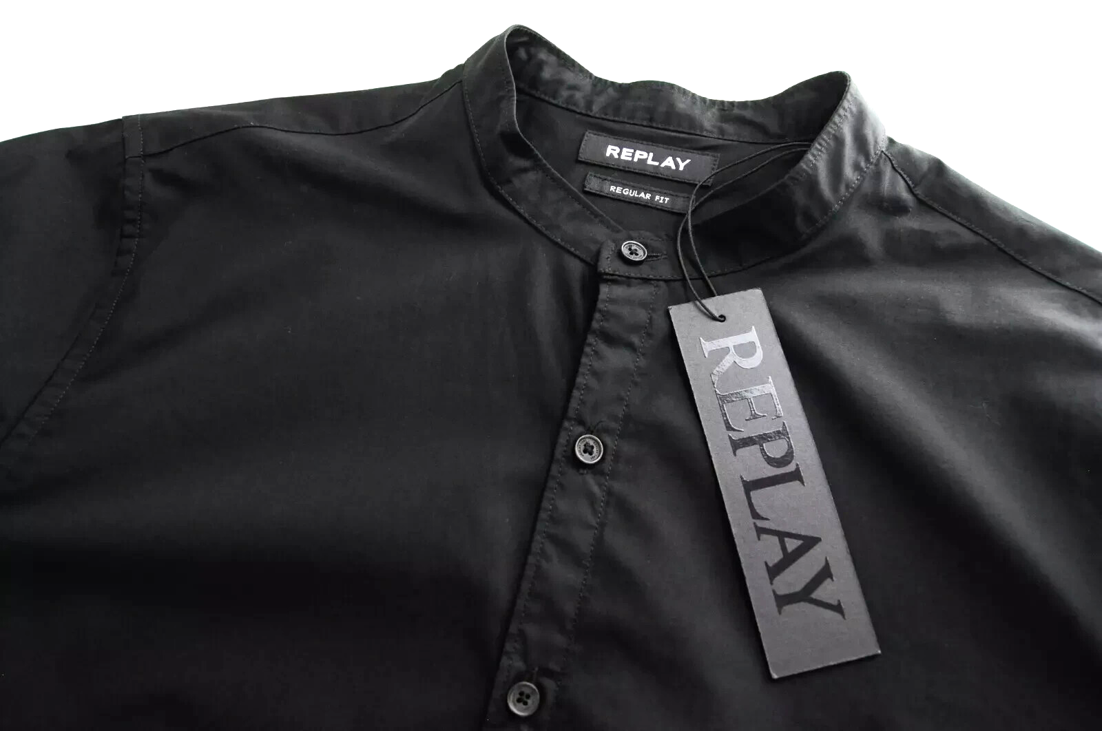 REPLAY Mens Shirt S Black Long Sleeve  Cotton Band Collar Button Shirt