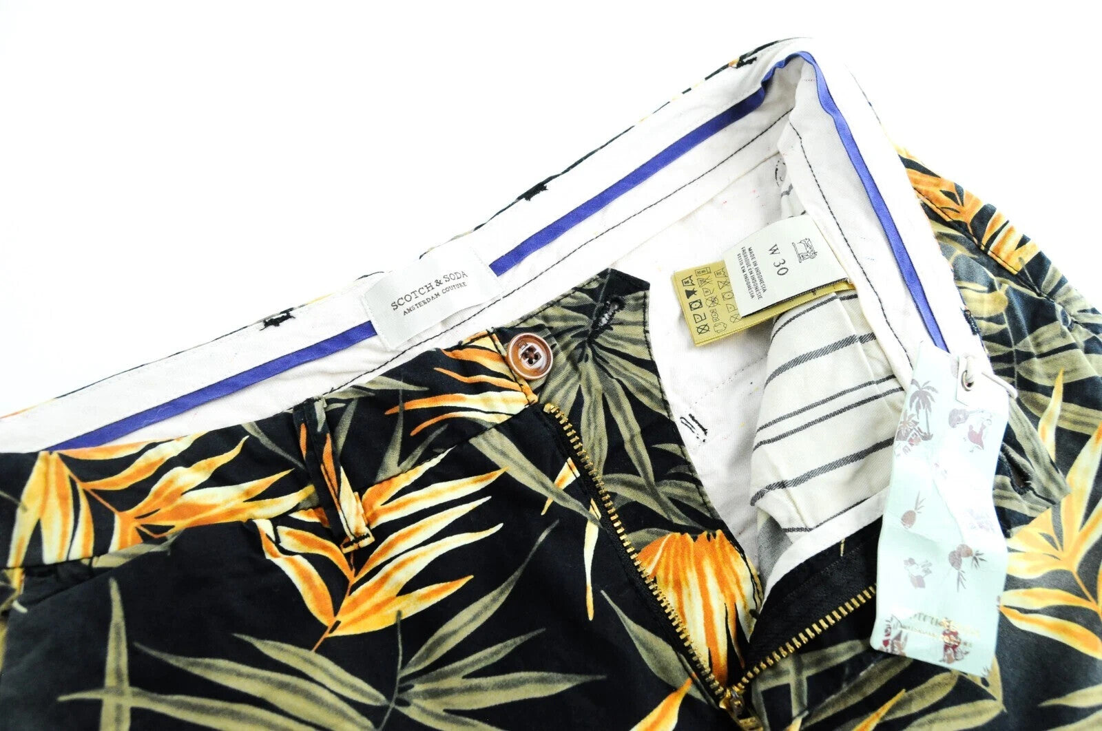 SCOTCH &amp; SODA vyriški šortai W30 su lapų raštu ir medvilne, juodi. 