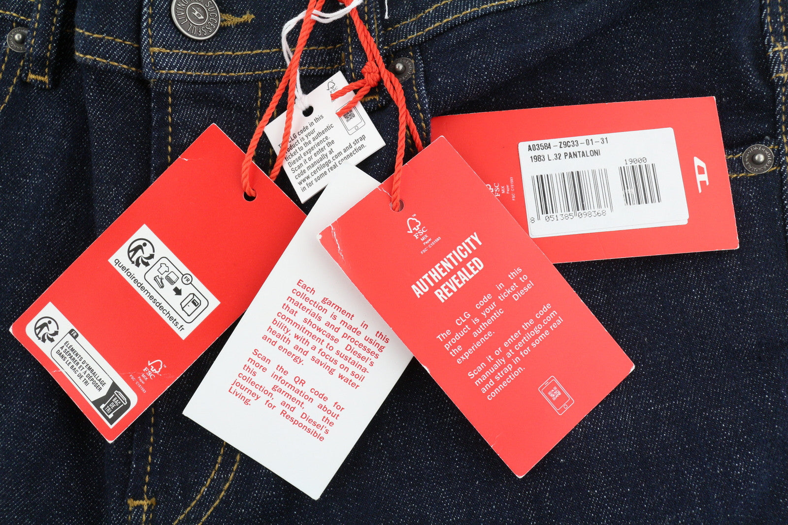 DIESEL 1983 Z9C33 vyriški džinsai W31/L32 aptempti, aukštu juosmeniu, užtrauktuku, mėlyni 