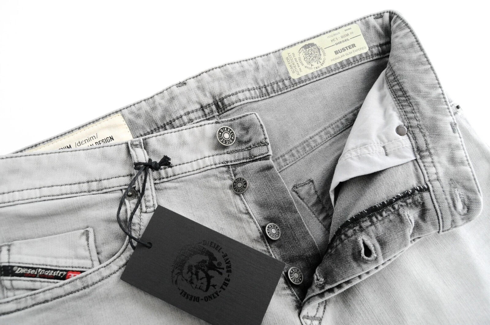 DIESEL Buster 069II vyriški ploni siaurėjantys džinsai, W28 L34, pilki, medvilniniai, šviesiai skalbti 