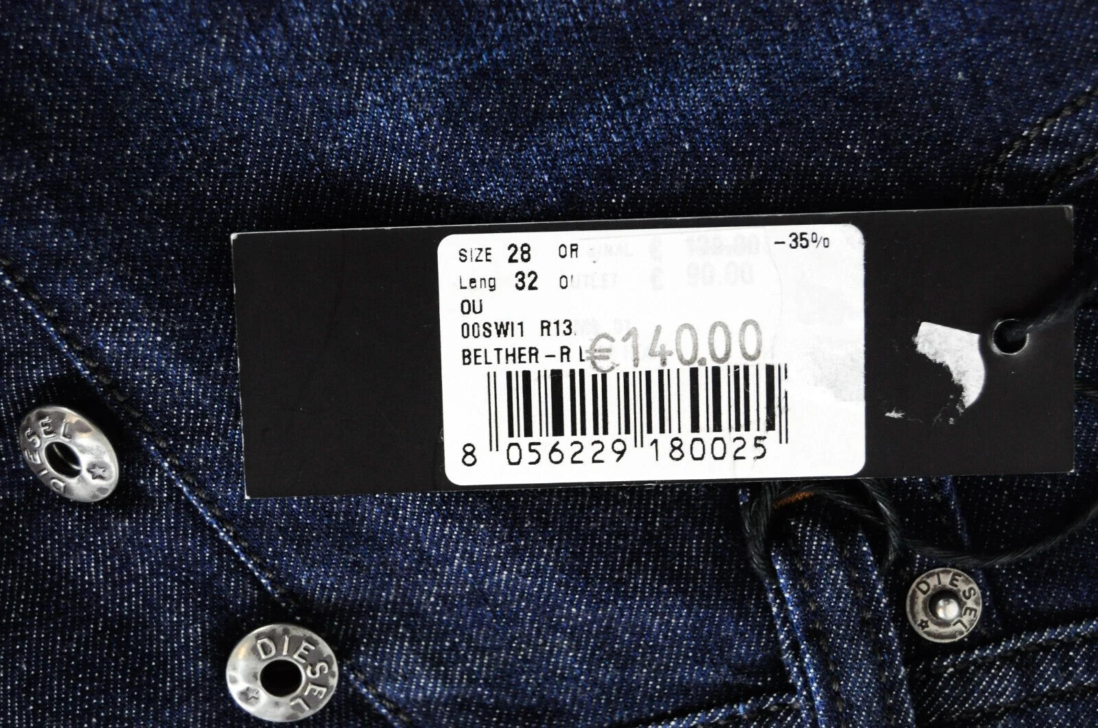 DIESEL Belther-R R13M8 vyriški siaurėjantys džinsai W28 L32 tamprūs medvilniniai mėlyni 