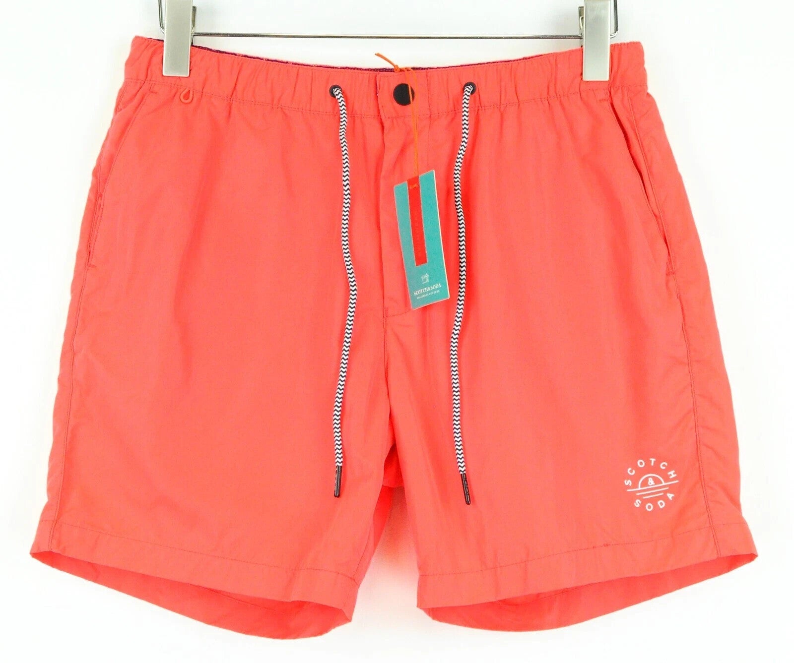 SCOTCH & SODA Swimwear W31 Neon Red Beach Trunks Pull-On Men's Logo Detail