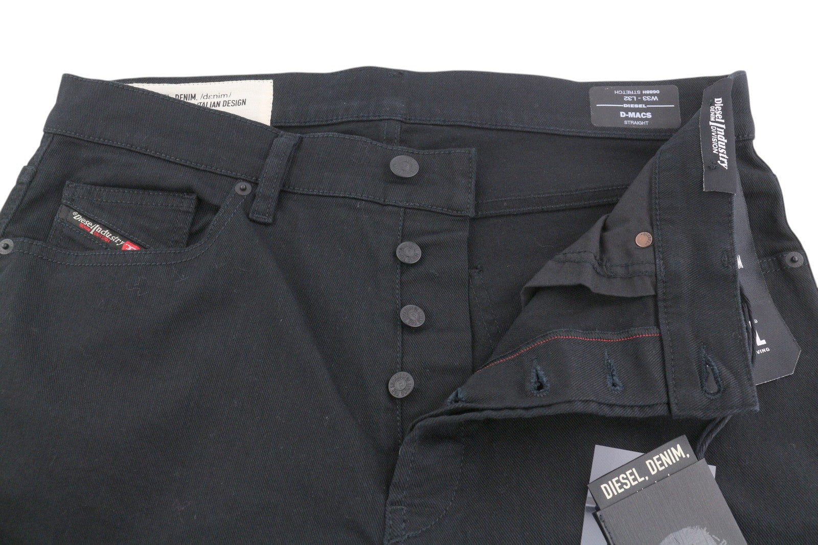 DIESEL D-Macs 0688H vyriški džinsai W33/L32 tiesaus kirpimo, tamsaus džinso spalvos, su sagomis