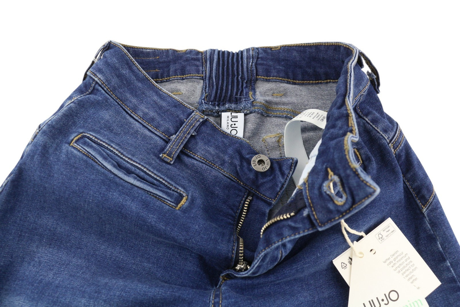 LIU JO moteriški džinsai W28 Platėjančios iškirptės su aukštu juosmeniu ir užtrauktuku, skalbto džinso mėlynumo logotipu 