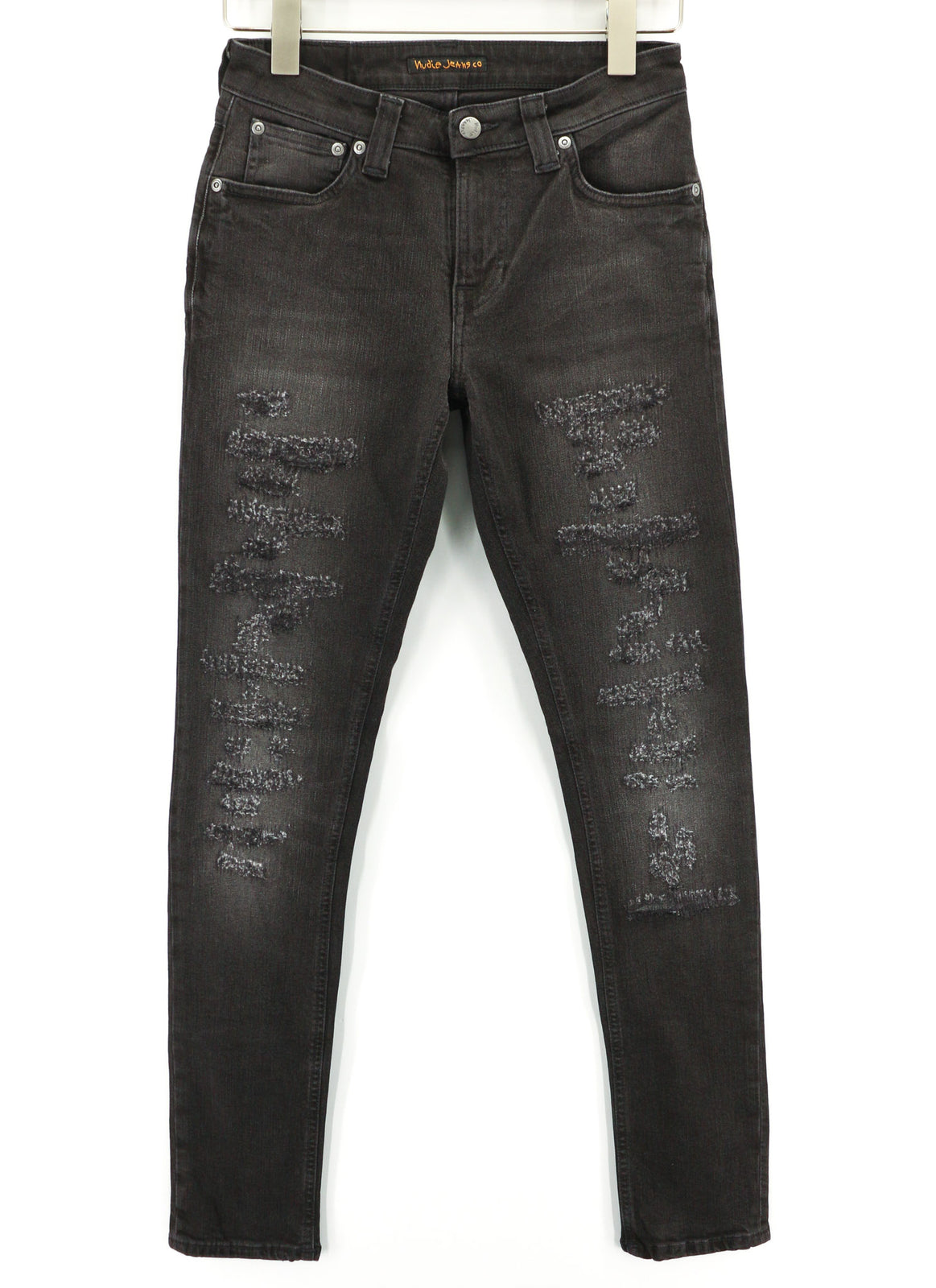 NUDIE Skinny Lin Used Black Men Jeans W28/L32 Organic Cotton Distressed Zip