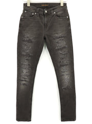 NUDIE Skinny Lin Used Black Men Jeans W28/L32 Distressed Zip Fly Pockets Faded