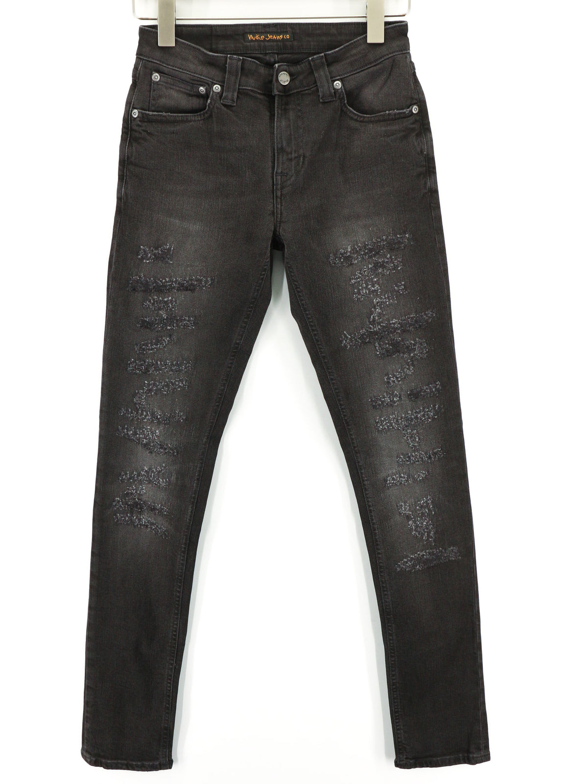 NUDIE Skinny Lin Used Black Men Jeans W28/L32 Distressed Zip Fly Faded Casual