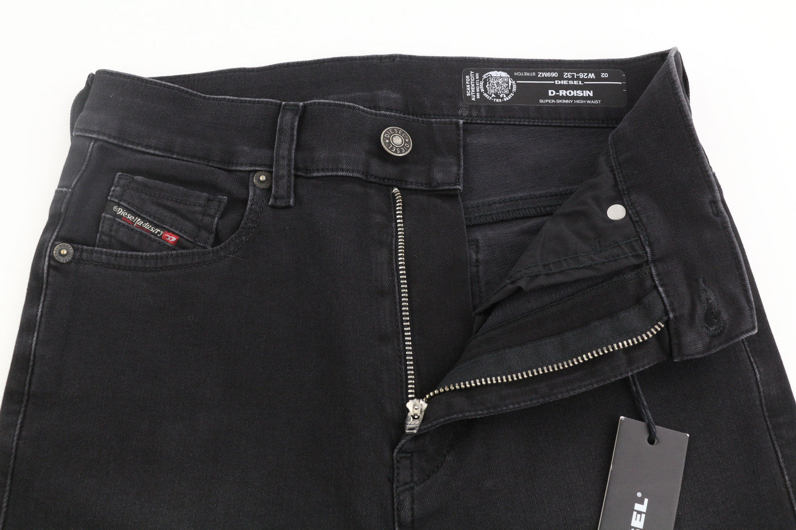 DIESEL D-Roisin 069MZ moteriški džinsai W26/L32 itin aptempti, aukštu juosmeniu, tamprūs, juodi 