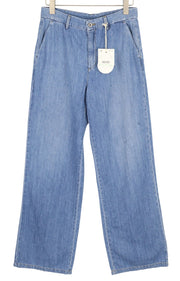 LIU JO moteriški džinsai W30 aukštu juosmeniu, tiesaus kirpimo, chino stiliaus, su kišenėmis, užtrauktuku, mėlynos spalvos. 