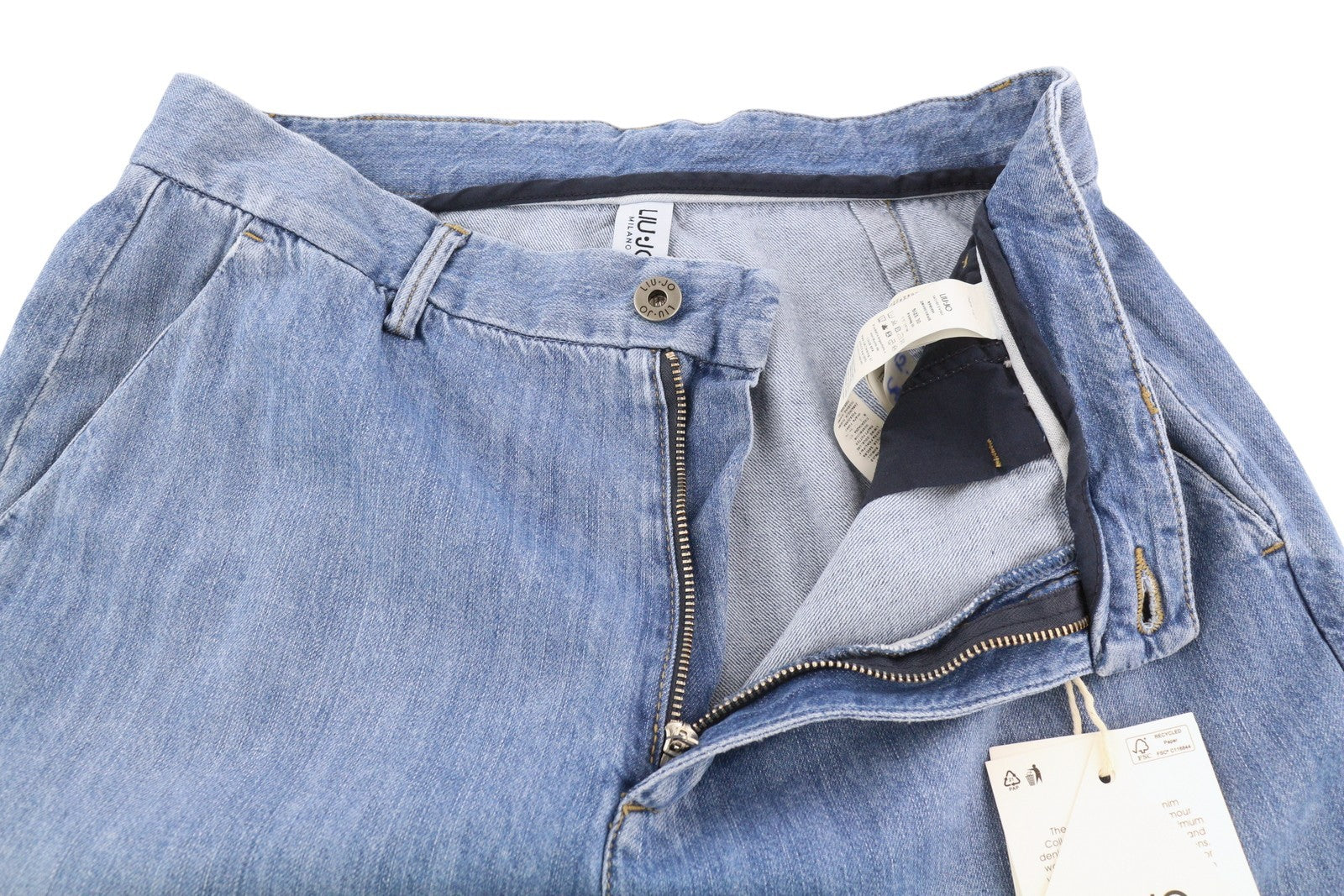 LIU JO moteriški džinsai W30 aukštu juosmeniu, tiesaus kirpimo, chino stiliaus, su kišenėmis, užtrauktuku, mėlynos spalvos. 