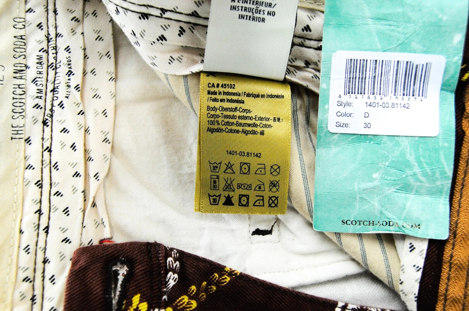 „SCOTCH &amp; SODA“ delnų rašto šortai vyrams W30 rudi medvilniniai „Pure Ams Couture“ vasariniai 