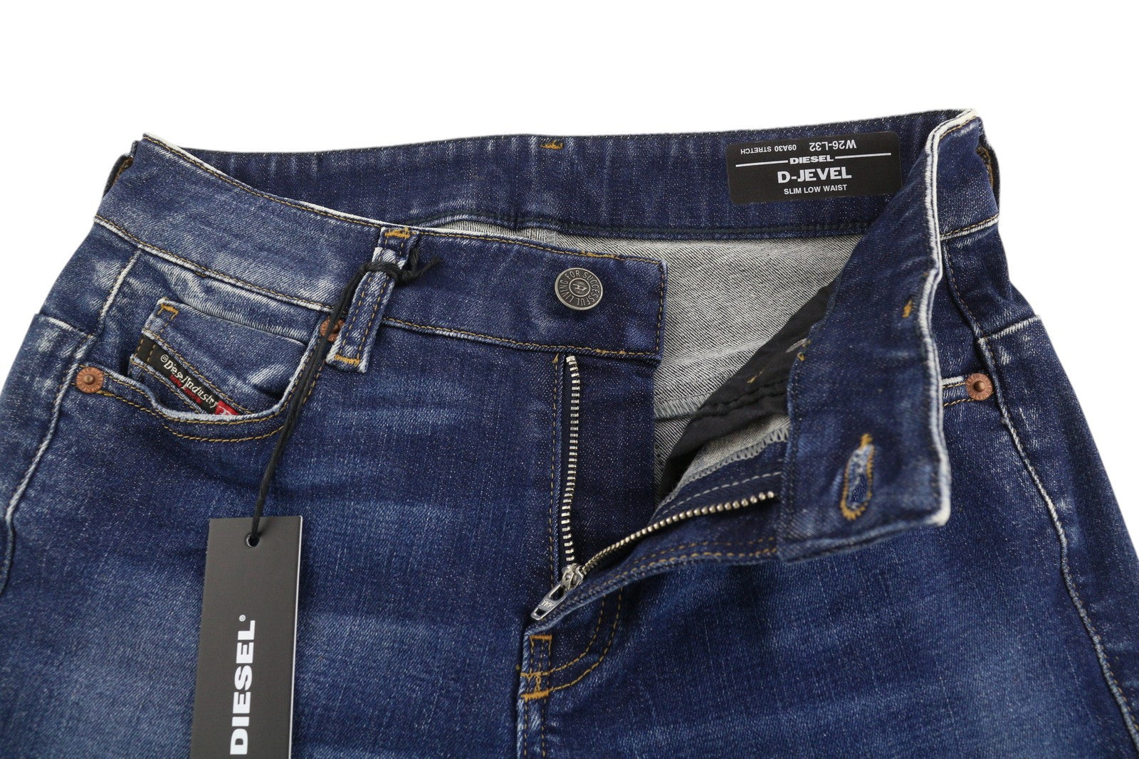 DIESEL D-Jevel 09A30 moteriški džinsai W26/L32 Slim žemo juosmens, tamprūs, skalbti, rekomenduojama kaina – 150 € 