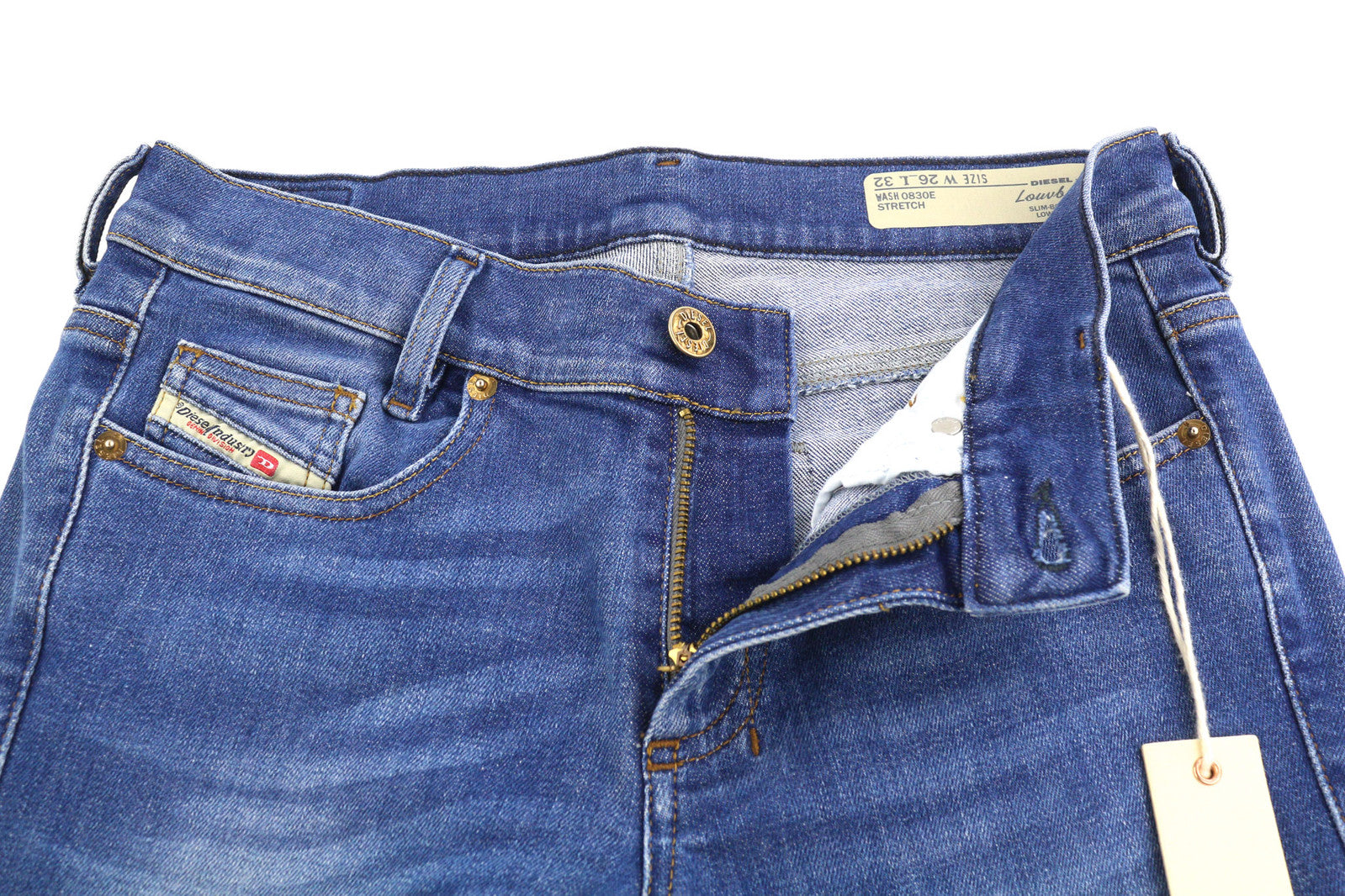 DIESEL žemakulniai 0830E moteriški džinsai W26/L32 Slim cut, žemo juosmens, tamprūs, mėlyni 