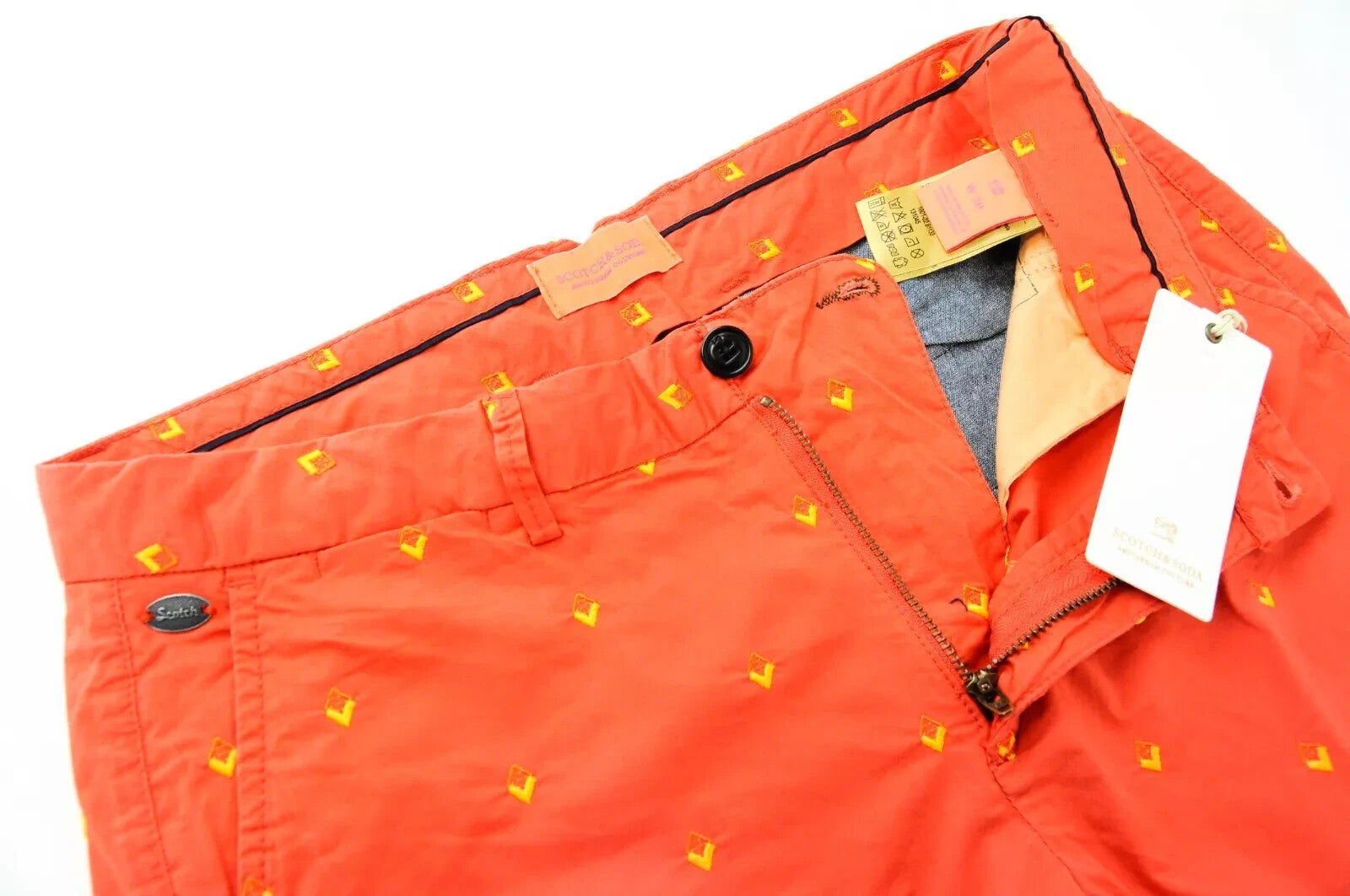 „SCOTCH &amp; SODA“ oranžiniai medvilniniai raštuoti šortai su raštu, W30, tamprūs „Ams Couture“ vyriški drabužiai 