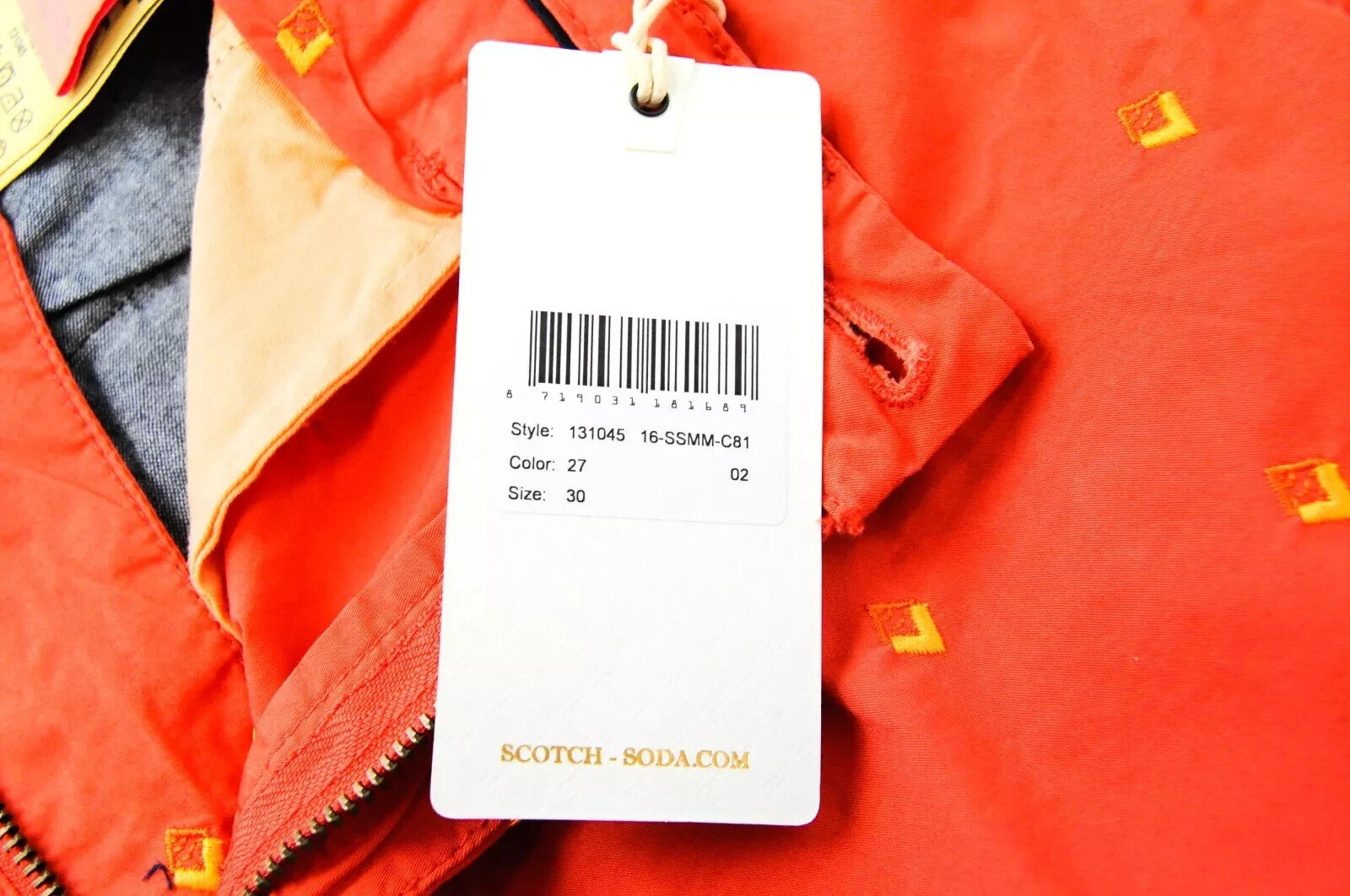 „SCOTCH &amp; SODA“ oranžiniai medvilniniai raštuoti šortai su raštu, W30, tamprūs „Ams Couture“ vyriški drabužiai 