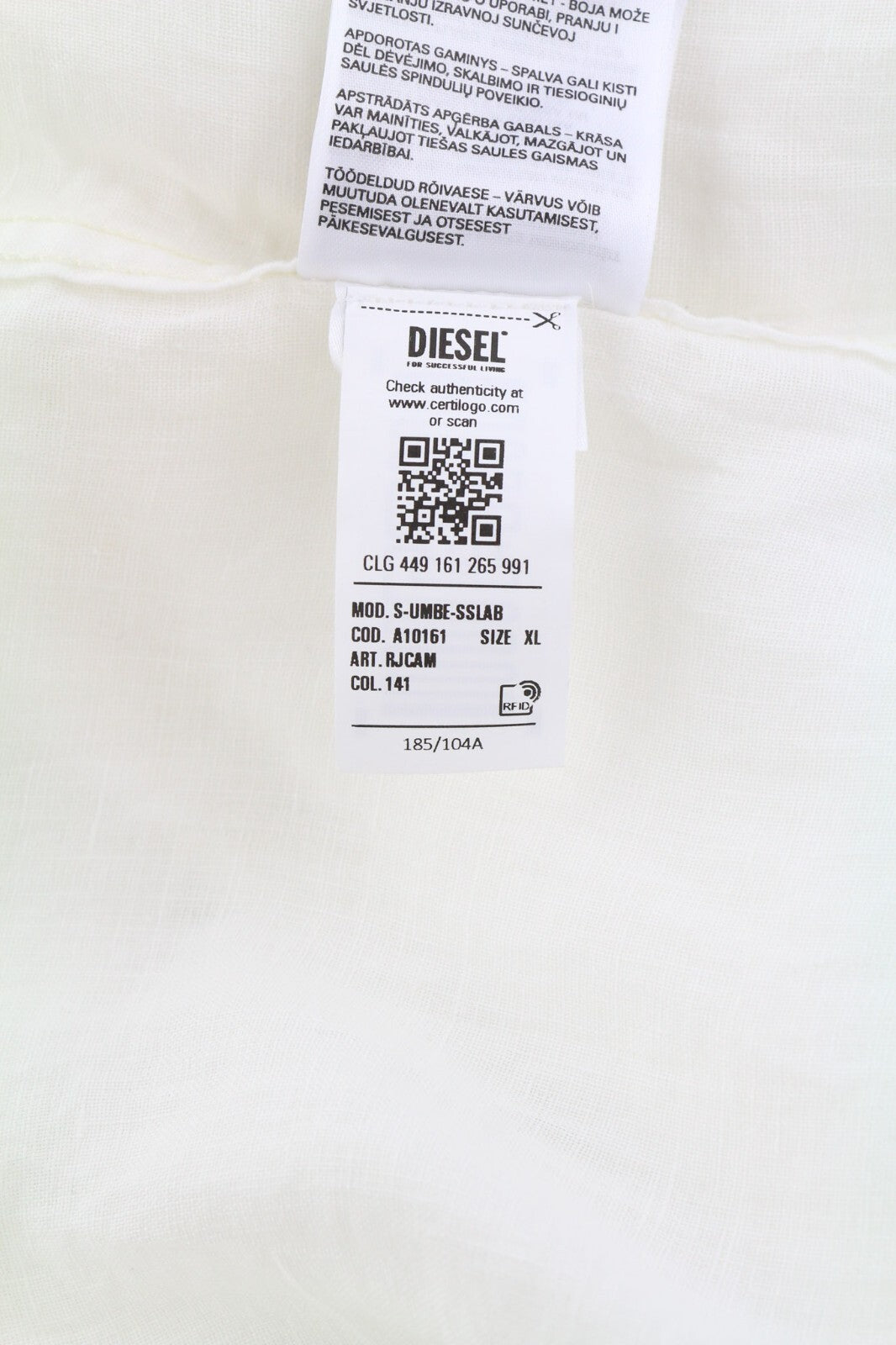 DIESEL S-Umbe-Sslab vyriški marškinėliai, XL dydžio, balti lininiai, trumpomis rankovėmis, platėjančios iškirptės, RRP 150 € 