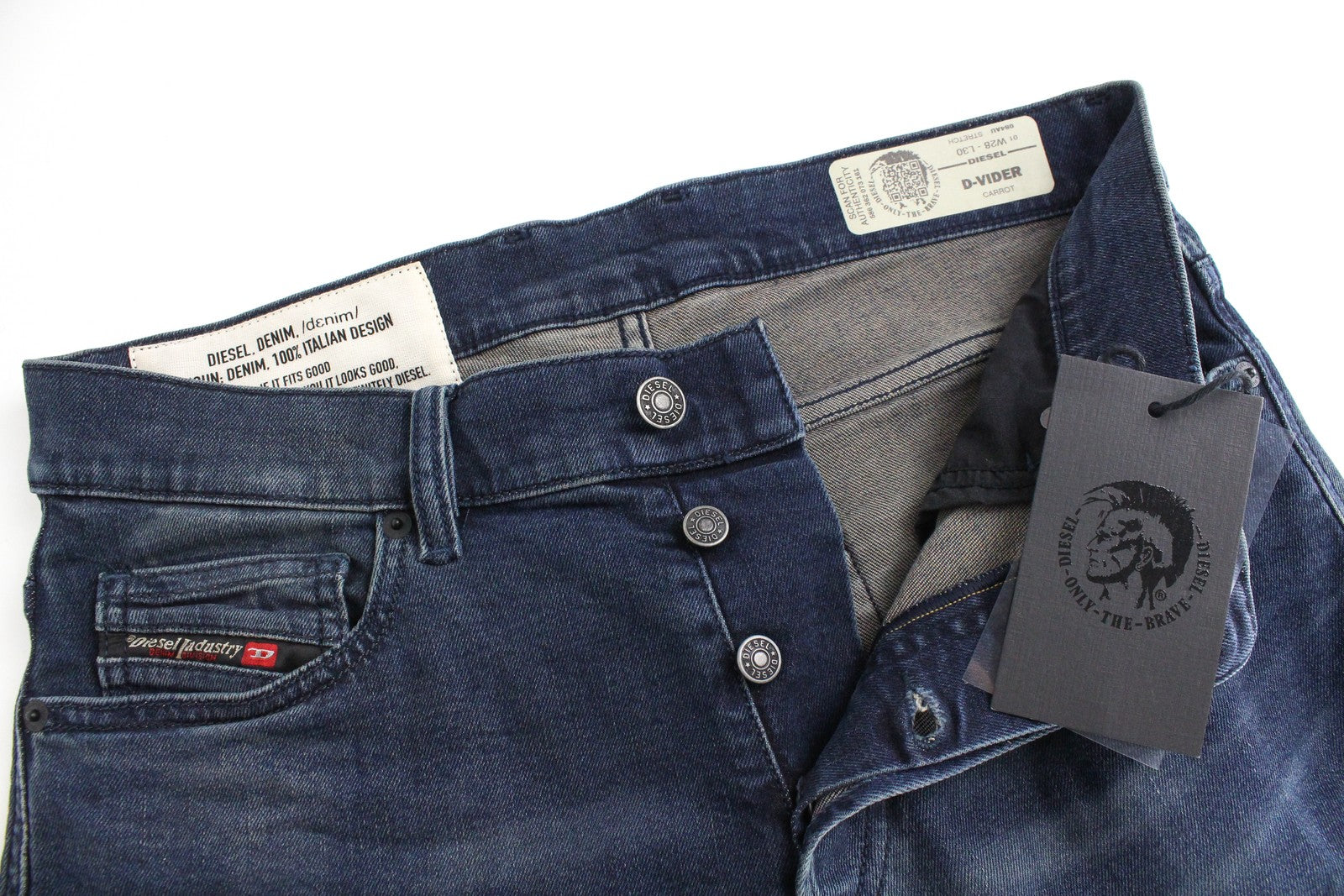 DIESEL D-Vider 084AU vyriški džinsai W28/L30 morkų kirpimo tamprūs, mėlyni, skalbti 