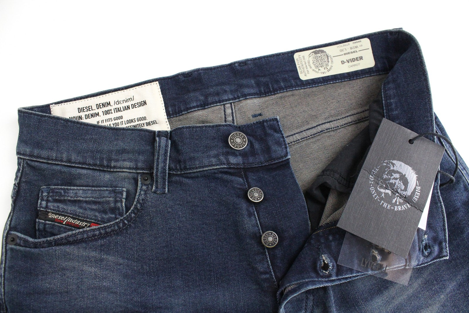 DIESEL D-Vider 084AU vyriški džinsai W28/L30 morkų kirpimo tamprūs mėlyni džinsai 