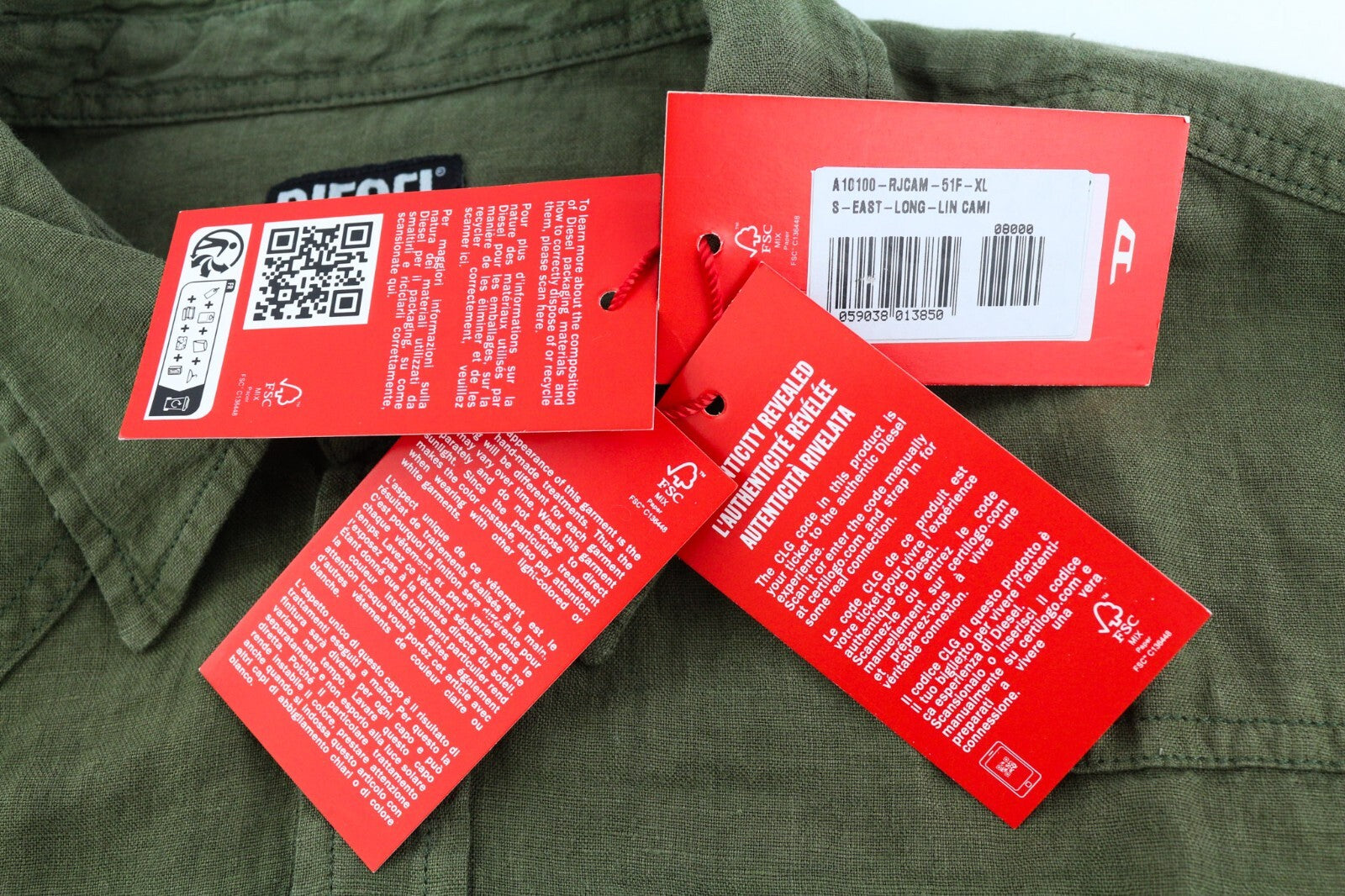 DIESEL S-East-Long-Lin vyriški XL dydžio alyvuogių žali lininiai marškinėliai su sagomis, RRP175