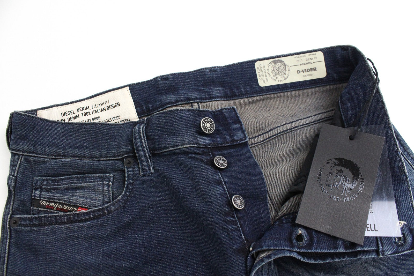 DIESEL D-Vider 084AU vyriški džinsai W28/L32 morkų kirpimo tamprūs mėlyni 5P 
