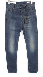 DIESEL D-Vider 084AU vyriški džinsai W28/L32 morkų kirpimo tamprūs mėlyni sagomis 