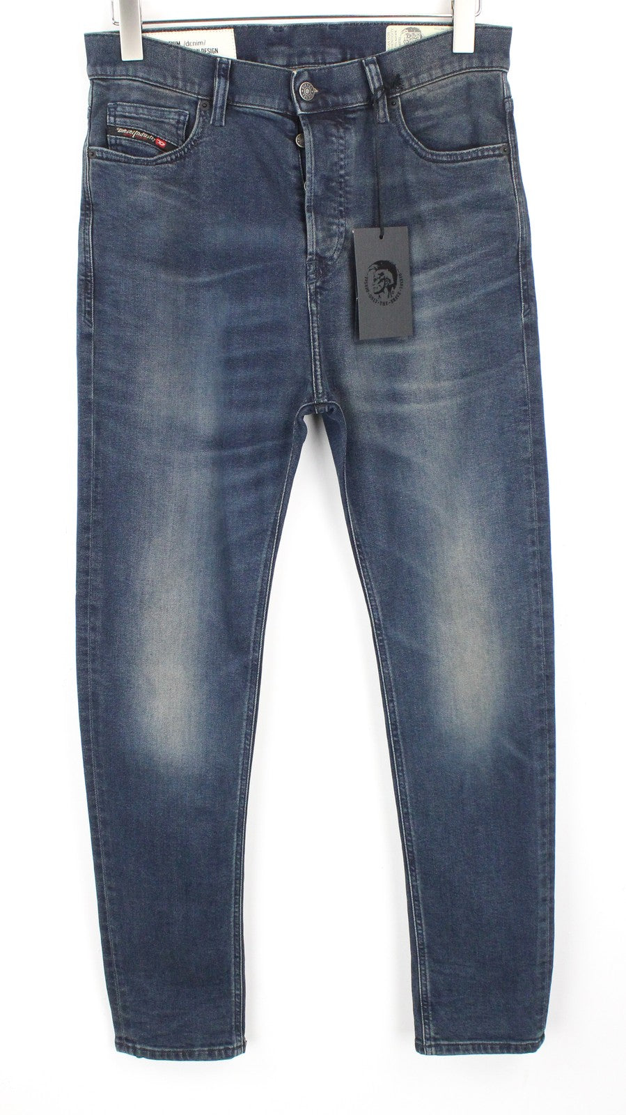 DIESEL D-Vider 084AU vyriški džinsai W28/L32 morkų kirpimo tamprūs mėlyni sagomis 