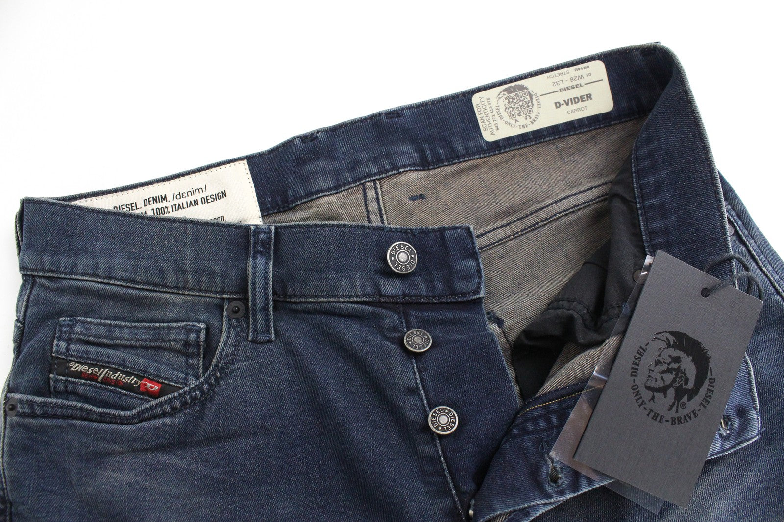 DIESEL D-Vider 084AU vyriški džinsai W28/L32 morkų kirpimo tamprūs mėlyni sagomis 